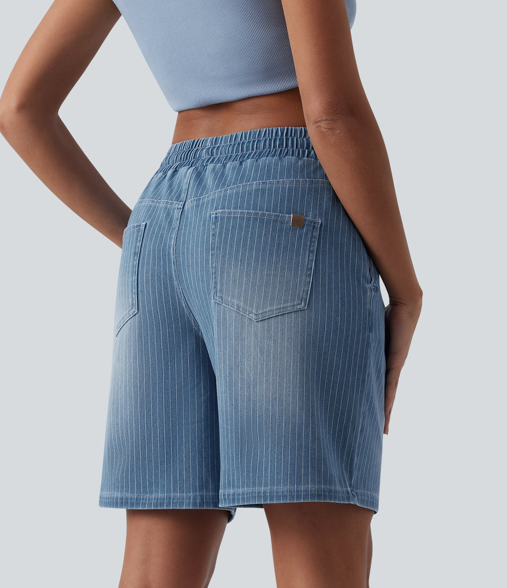 Mid Rise Drawstring Denim Casual Shorts with Pockets — Malibu Blue Denim — view 2