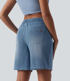 Mid Rise Drawstring Denim Casual Shorts with Pockets — Malibu Blue Denim — view 2