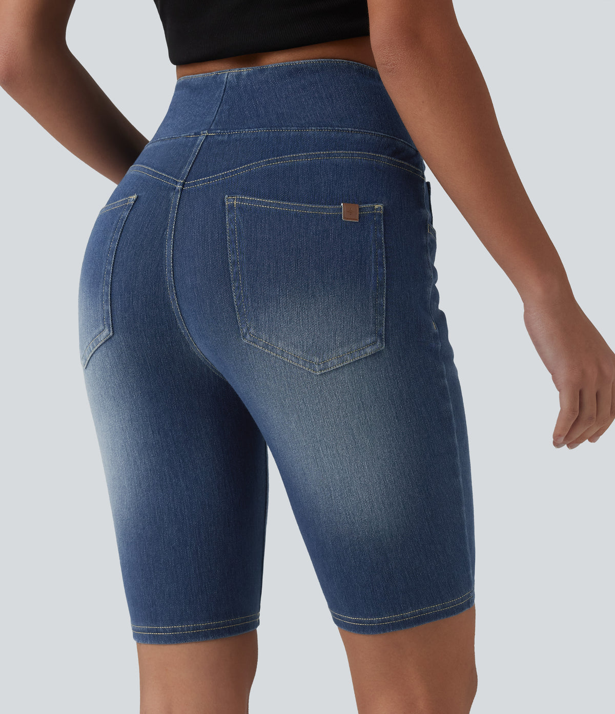 High Waisted Tummy Control Denim Casual Shorts 9'' with Pockets — Tide Blue Denim — view 4