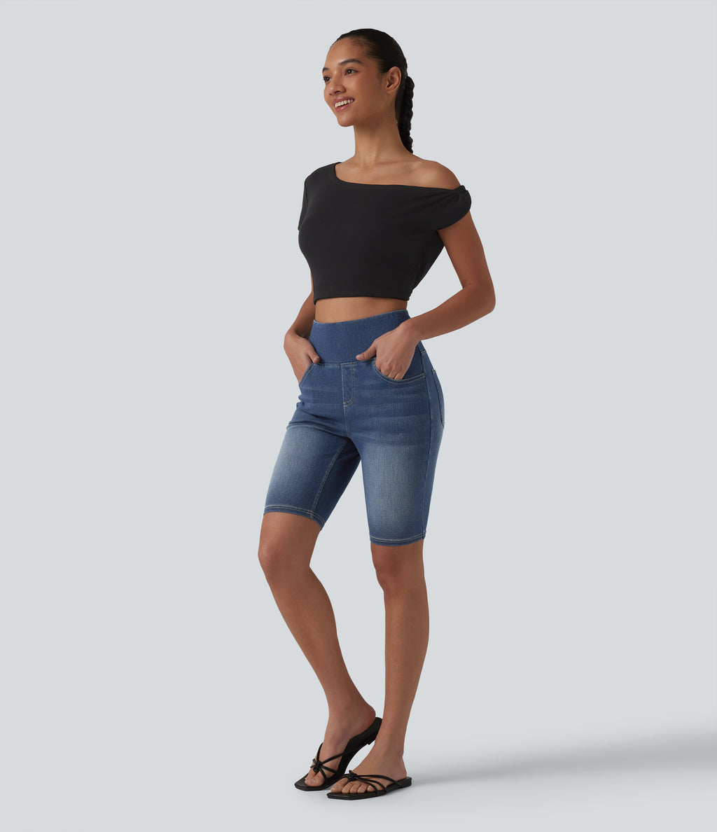 High Waisted Tummy Control Denim Casual Shorts 9'' with Pockets — Tide Blue Denim — view 6