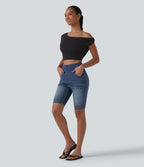High Waisted Tummy Control Denim Casual Shorts 9'' with Pockets — Tide Blue Denim — view 6