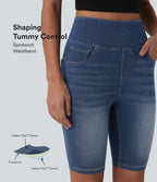 High Waisted Tummy Control Denim Casual Shorts 9'' with Pockets — Tide Blue Denim — view 1
