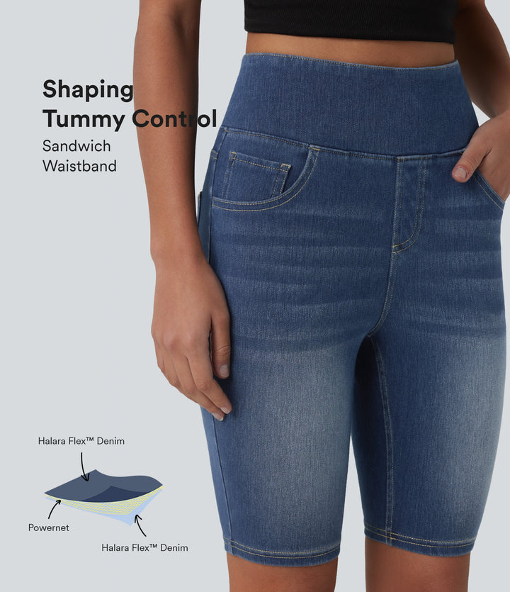 High Waisted Tummy Control Denim Casual Shorts 9'' with Pockets — Tide Blue Denim — view 1