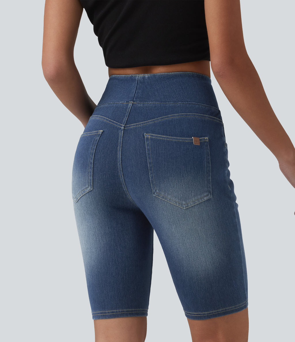 High Waisted Tummy Control Denim Casual Shorts 9'' with Pockets — Tide Blue Denim — view 2