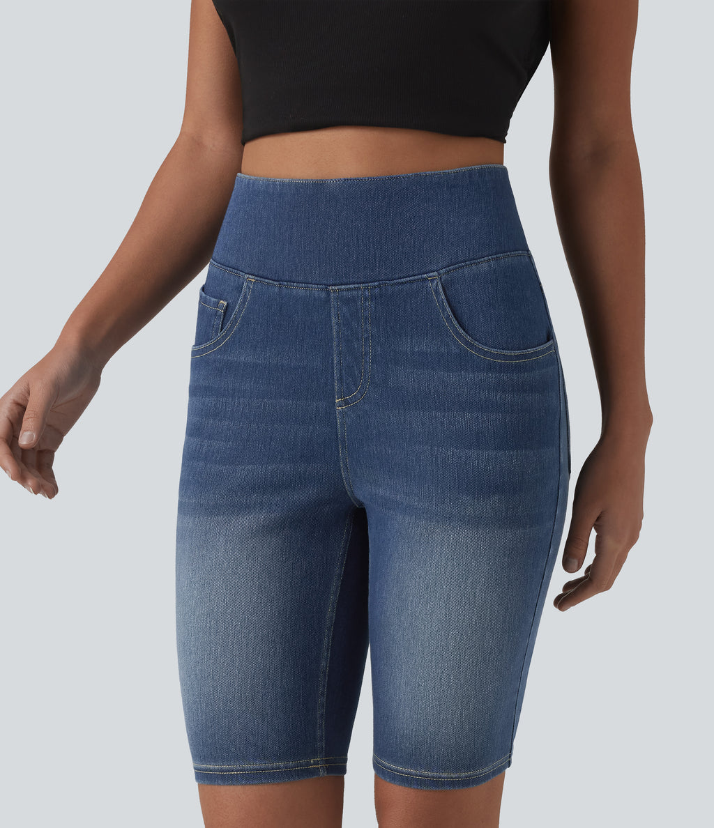 High Waisted Tummy Control Denim Casual Shorts 9'' with Pockets — Tide Blue Denim — view 3