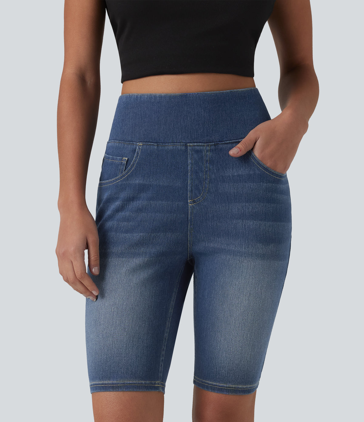 High Waisted Tummy Control Denim Casual Shorts 9'' with Pockets — Tide Blue Denim — view 5
