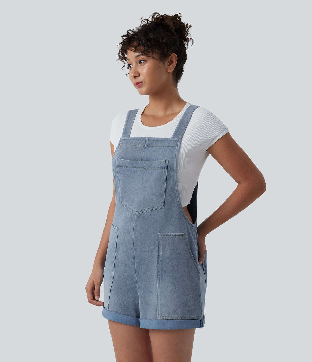 Square Neck Rolled Hem Denim Casual Short Dungarees with Pockets — Powder Blue Denim — view 3