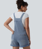 Square Neck Rolled Hem Denim Casual Short Dungarees with Pockets — Powder Blue Denim — view 4