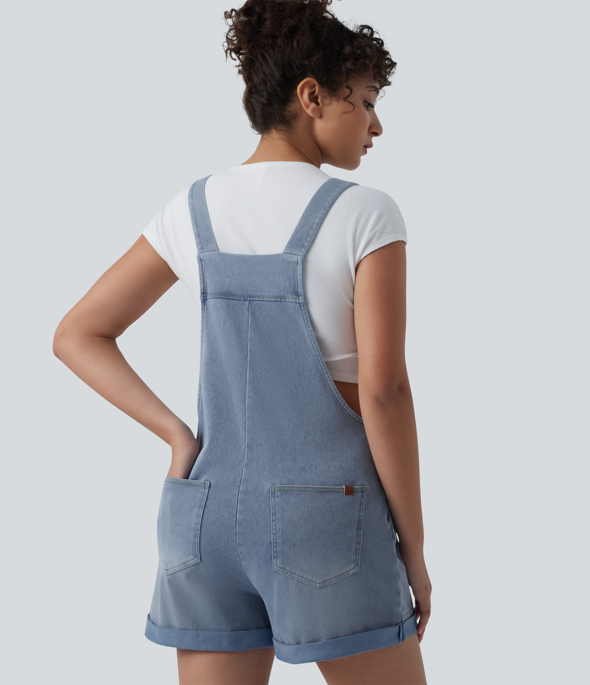 Square Neck Rolled Hem Denim Casual Short Dungarees with Pockets — Powder Blue Denim — view 4
