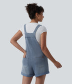 Square Neck Rolled Hem Denim Casual Short Dungarees with Pockets — Powder Blue Denim — view 2