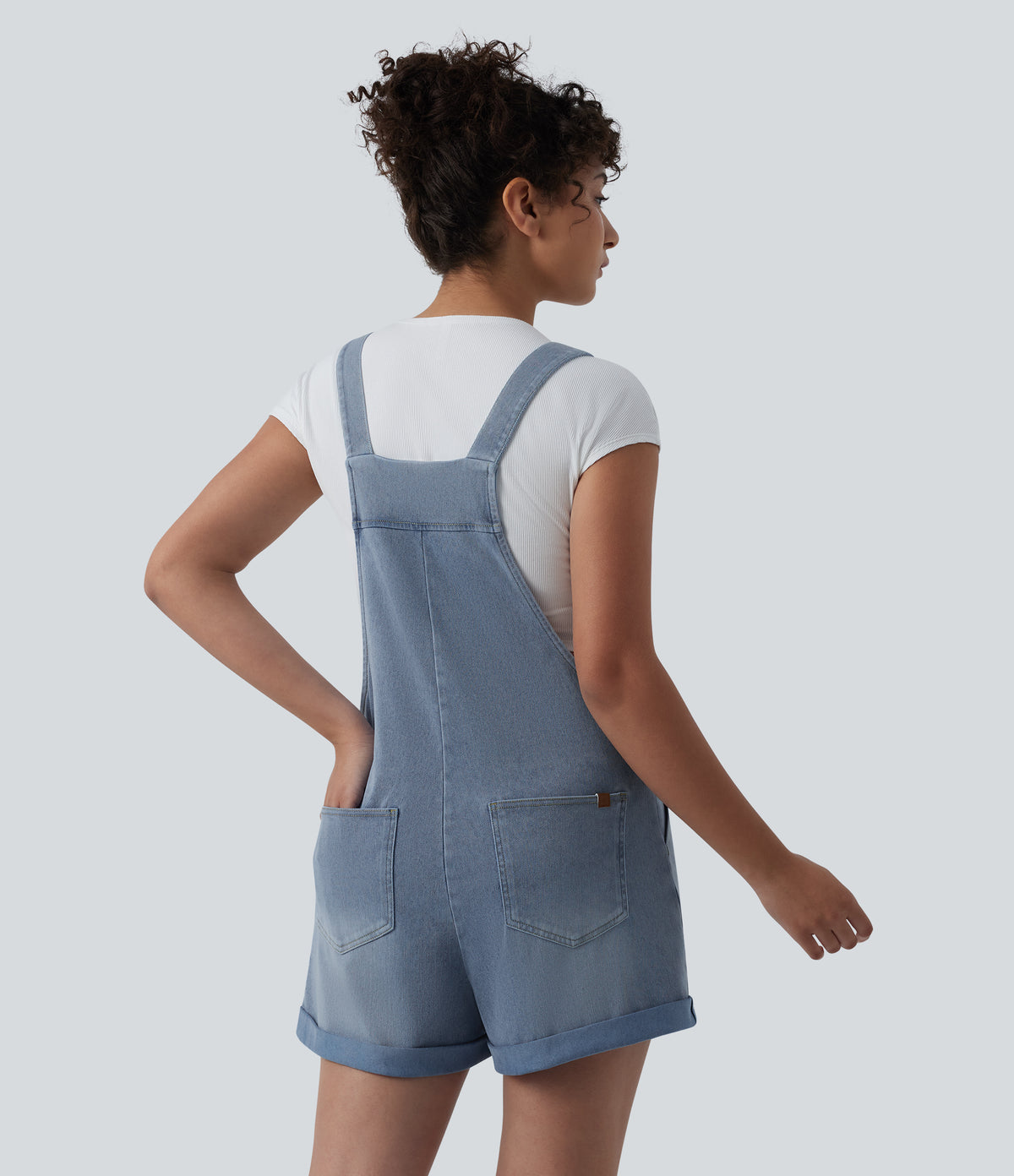 Square Neck Rolled Hem Denim Casual Short Dungarees with Pockets — Powder Blue Denim — view 2