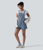 Square Neck Rolled Hem Denim Casual Short Dungarees with Pockets — Powder Blue Denim — view 6
