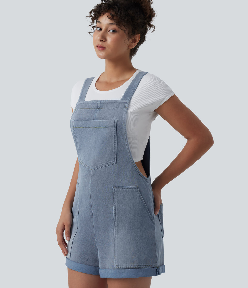 Square Neck Rolled Hem Denim Casual Short Dungarees with Pockets — Powder Blue Denim — view 5