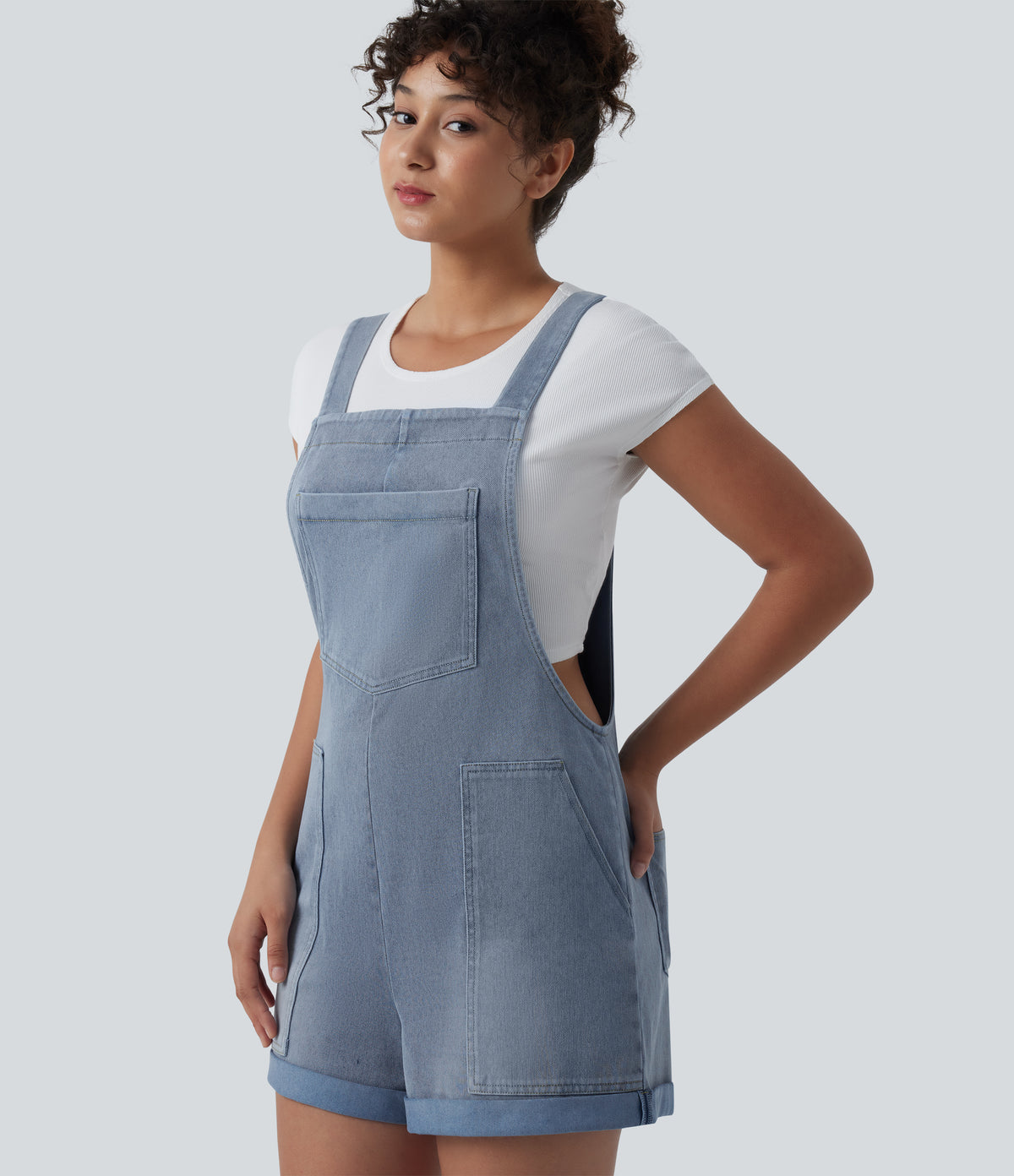 Square Neck Rolled Hem Denim Casual Short Dungarees with Pockets — Powder Blue Denim — view 5