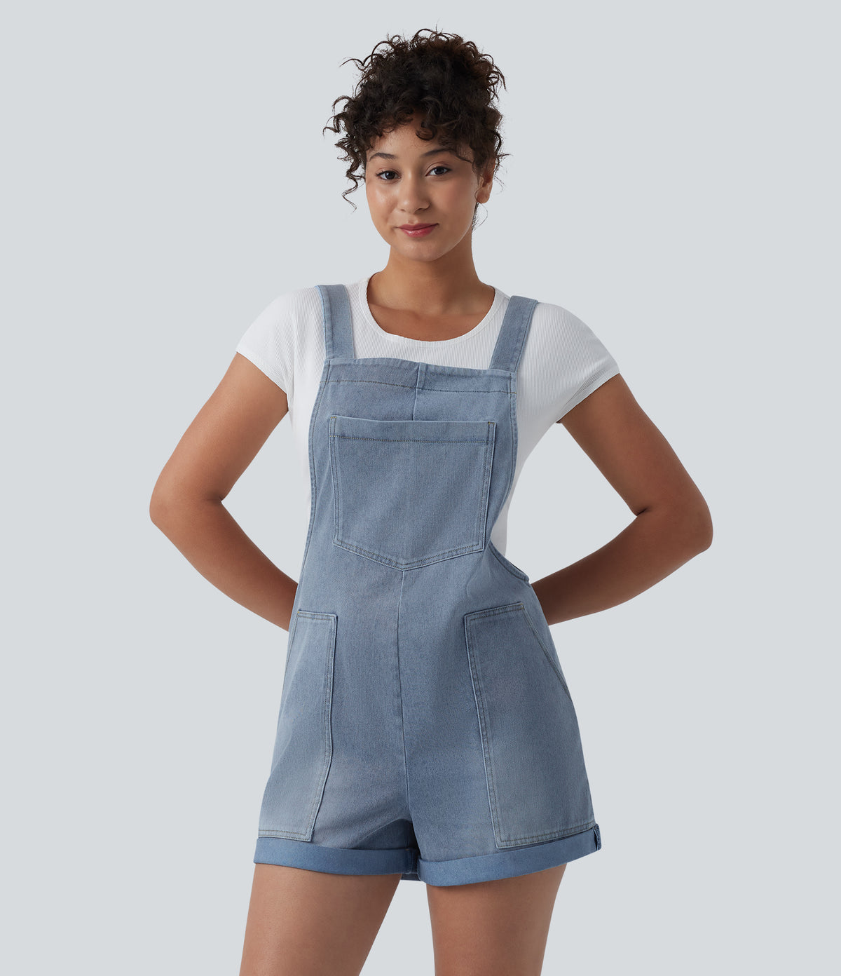 Square Neck Rolled Hem Denim Casual Short Dungarees with Pockets — Powder Blue Denim — view 1