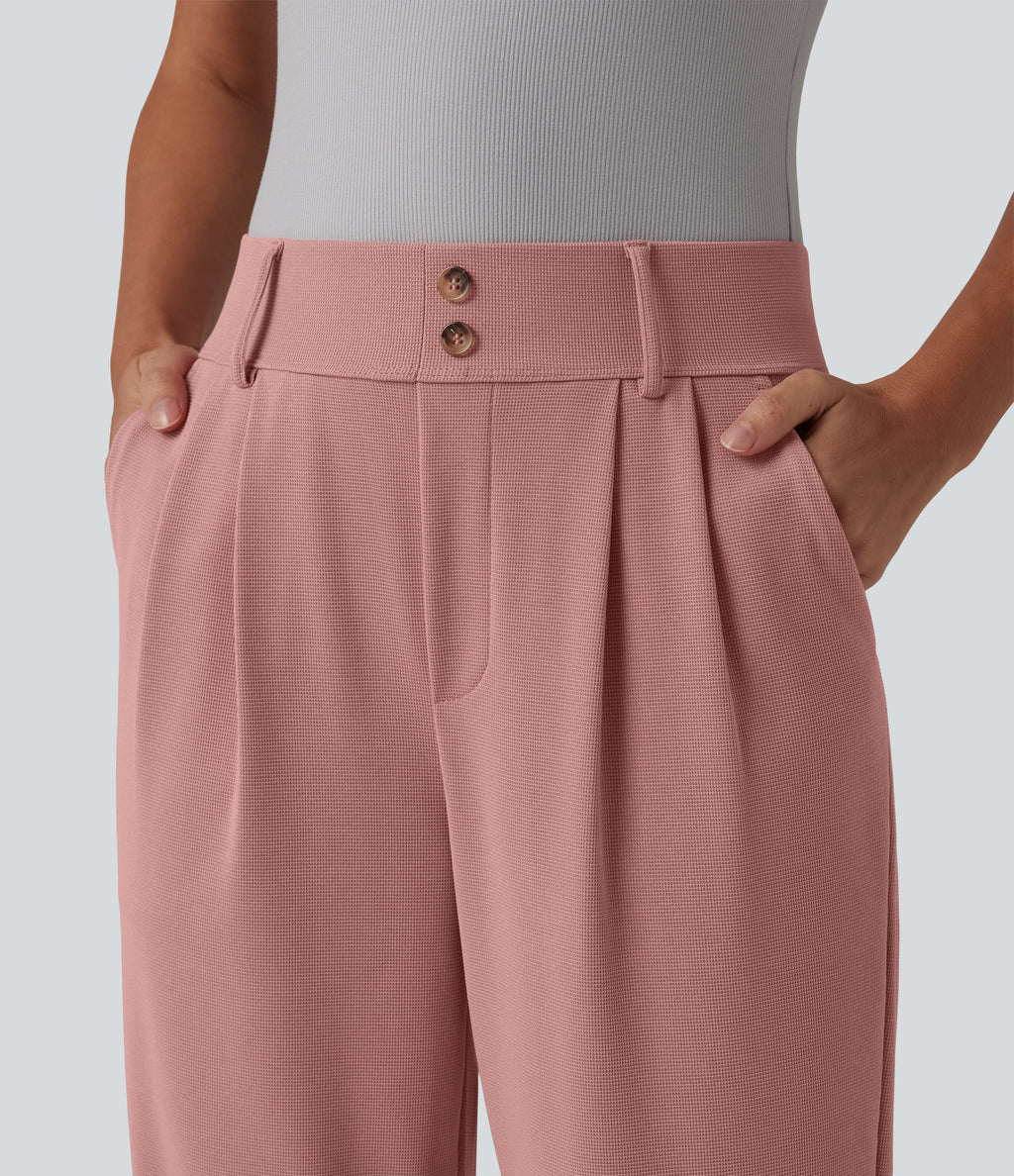 High Waisted Tapered Waffle Work Trousers with Pockets — Rose Tan — view 6