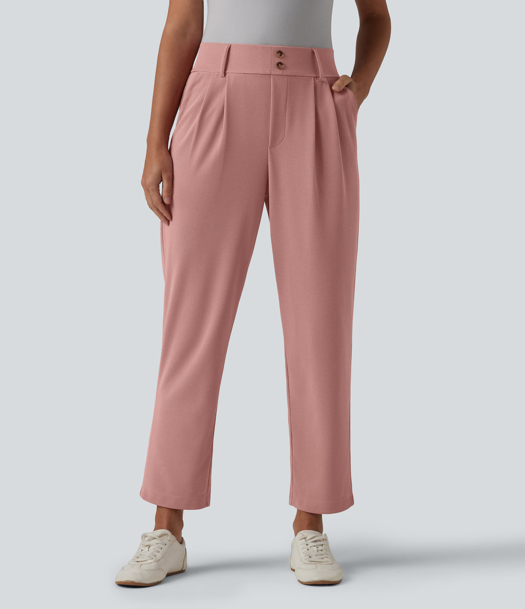 High Waisted Tapered Waffle Work Trousers with Pockets — Rose Tan — view 3