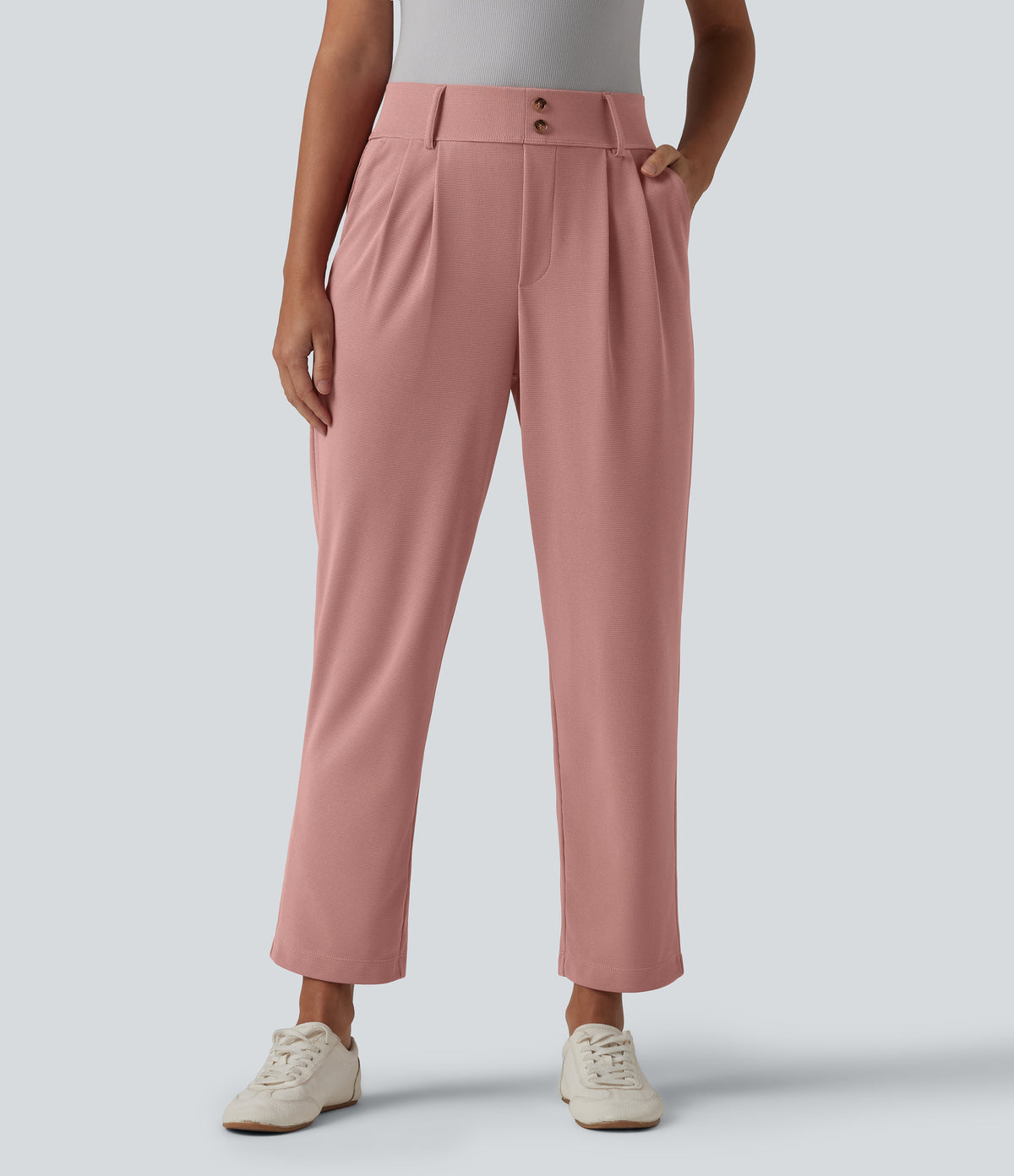 High Waisted Tapered Waffle Work Trousers with Pockets — Rose Tan — view 3