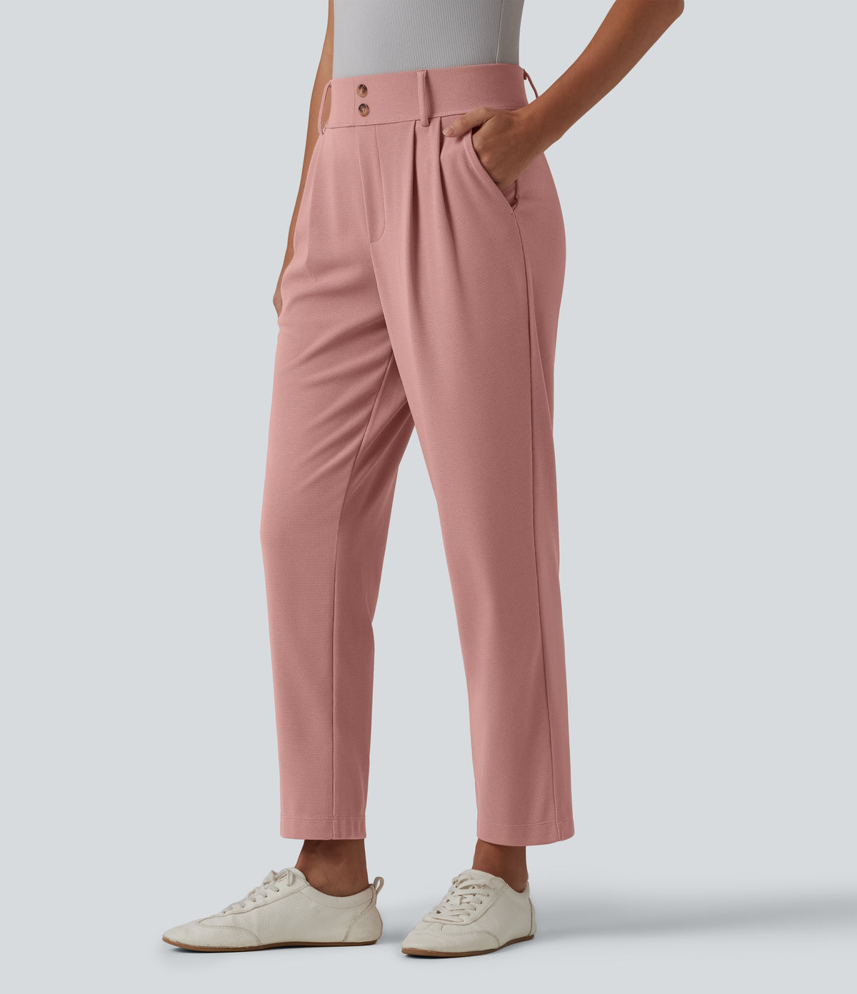 High Waisted Tapered Waffle Work Trousers with Pockets — Rose Tan — view 1