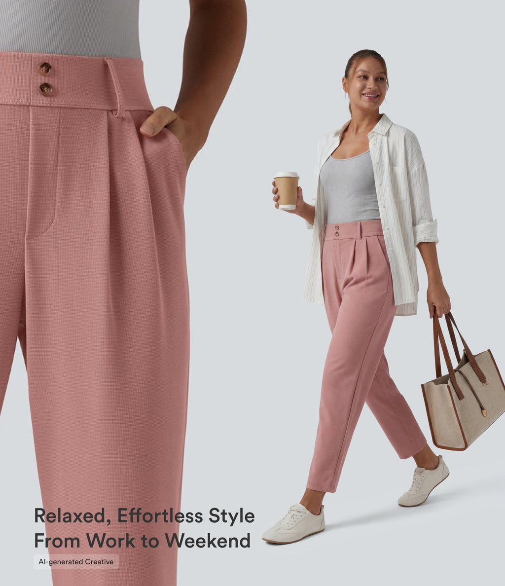 High Waisted Tapered Waffle Work Trousers with Pockets — Rose Tan — view 4