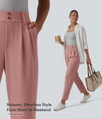 High Waisted Tapered Waffle Work Trousers with Pockets — Rose Tan — view 4