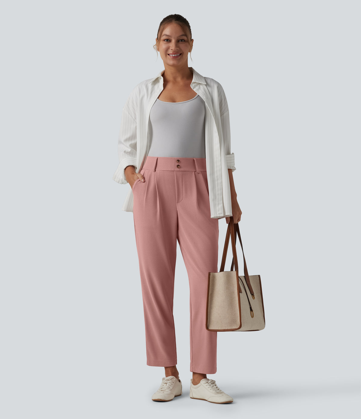 High Waisted Tapered Waffle Work Trousers with Pockets — Rose Tan — view 7