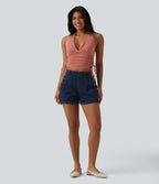 High Waisted Denim Casual Shorts 3'' with Pockets — Pageant Blue Denim — view 6