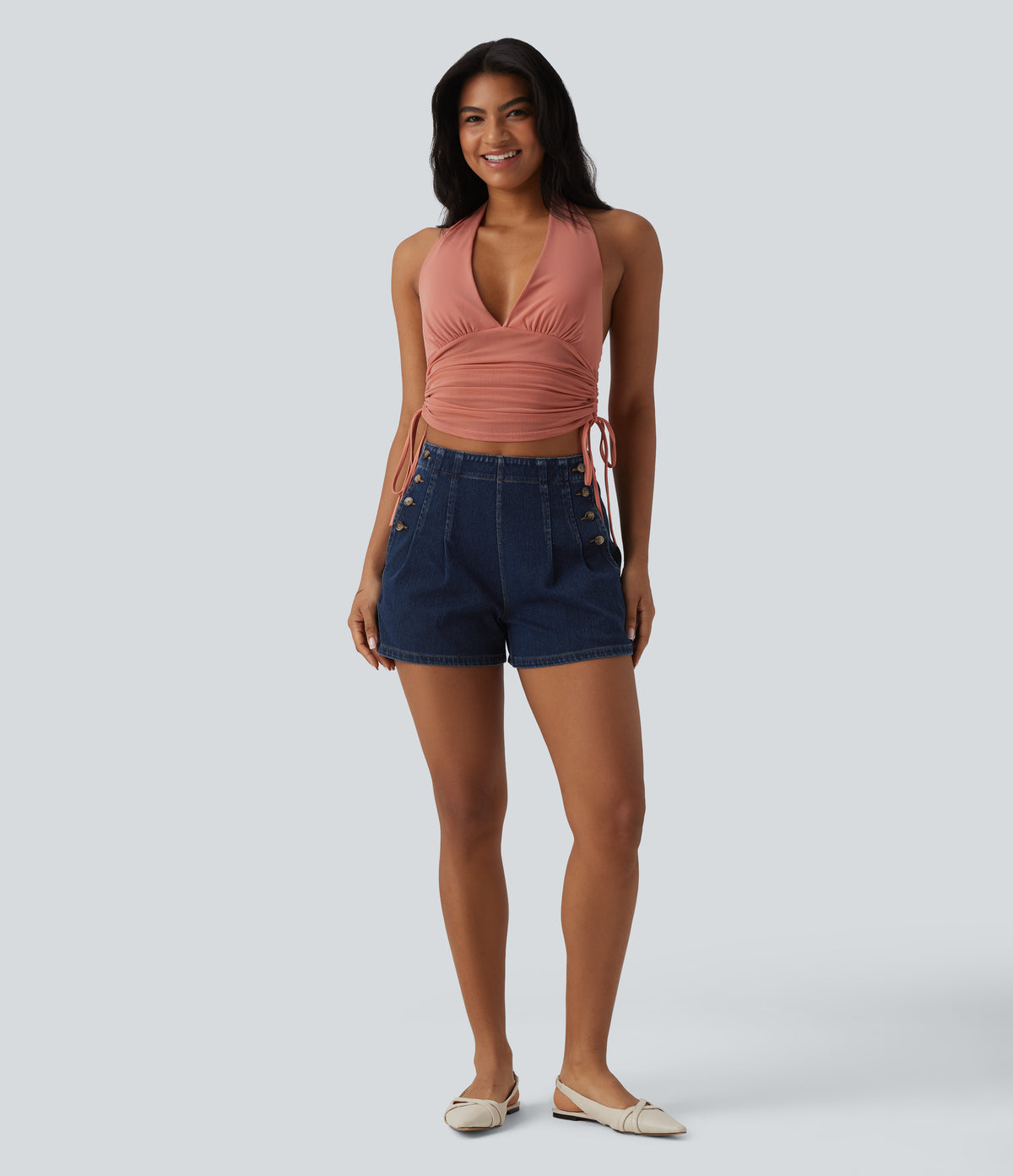 High Waisted Denim Casual Shorts 3'' with Pockets — Pageant Blue Denim — view 6