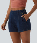 High Waisted Denim Casual Shorts 3'' with Pockets — Pageant Blue Denim — view 3