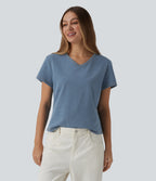 V Neck Short Sleeve Denim Casual T-Shirt — Blue Jasper Denim — view 3