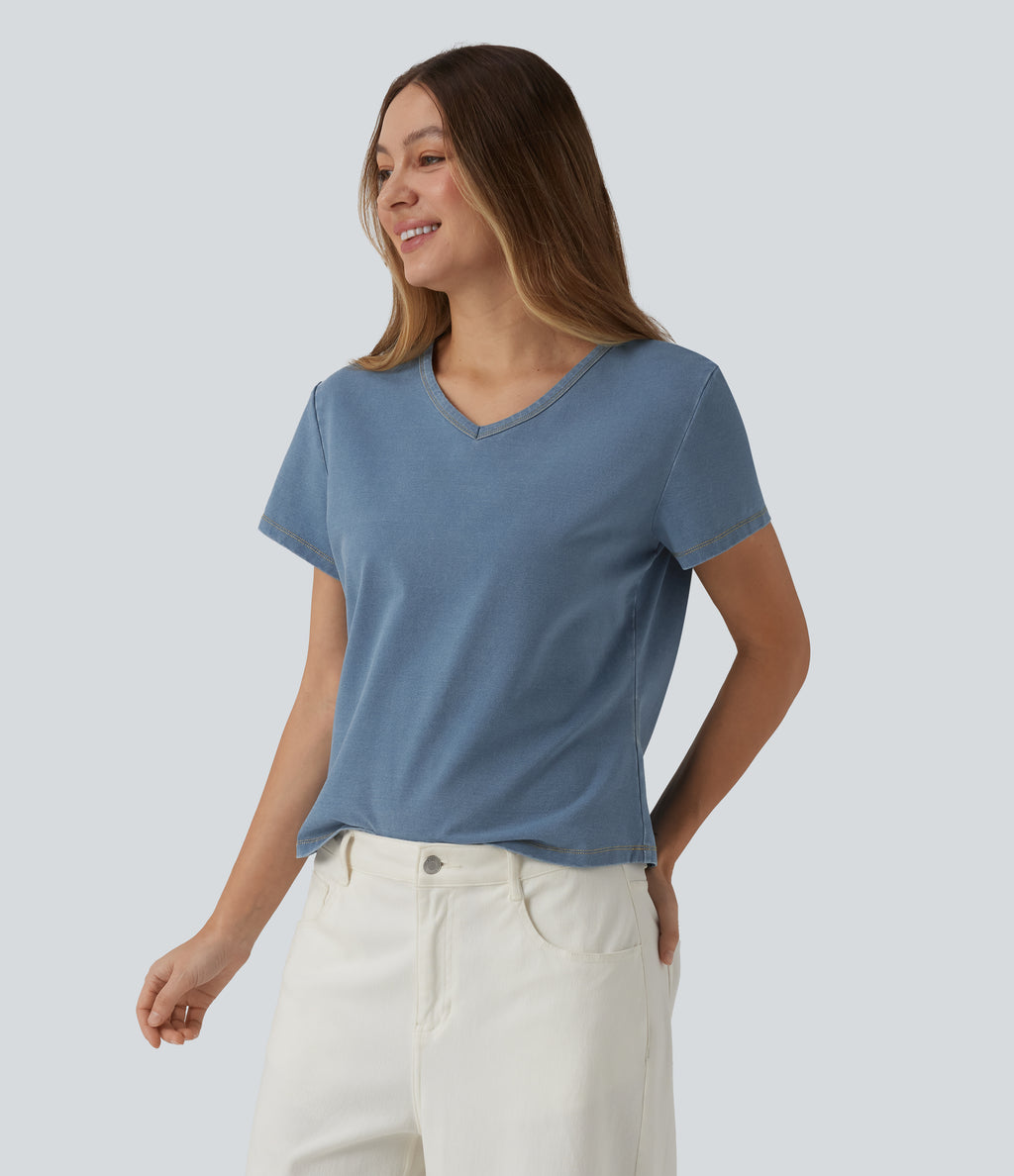 V Neck Short Sleeve Denim Casual T-Shirt — Blue Jasper Denim — view 1