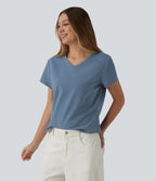 V Neck Short Sleeve Denim Casual T-Shirt — Blue Jasper Denim — view 1