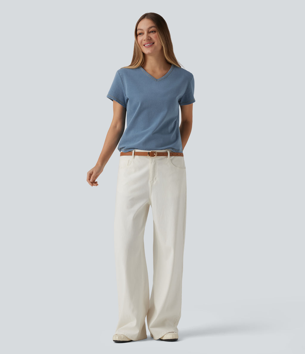 V Neck Short Sleeve Denim Casual T-Shirt — Blue Jasper Denim — view 6