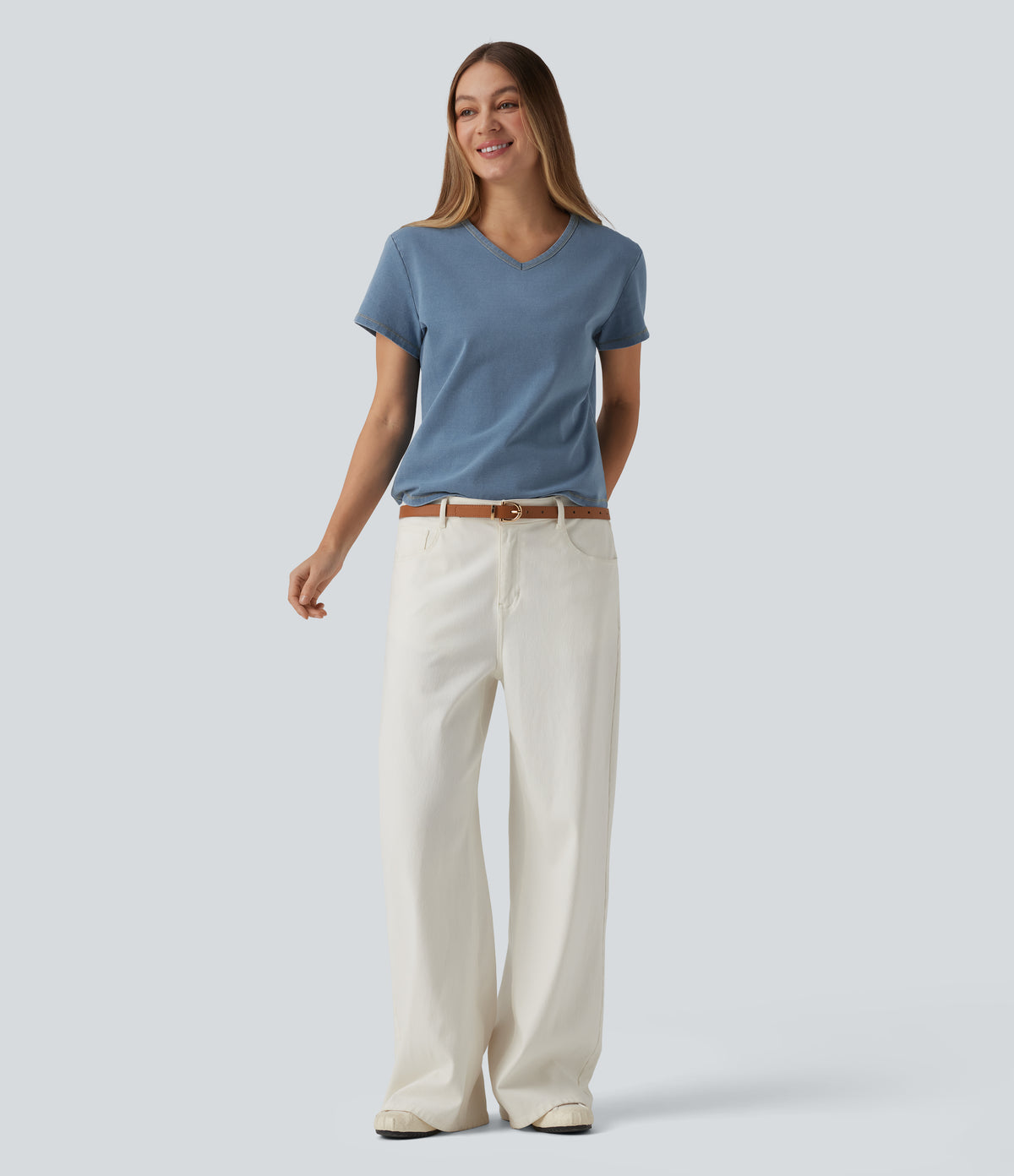 V Neck Short Sleeve Denim Casual T-Shirt — Blue Jasper Denim — view 6