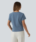 V Neck Short Sleeve Denim Casual T-Shirt — Blue Jasper Denim — view 4