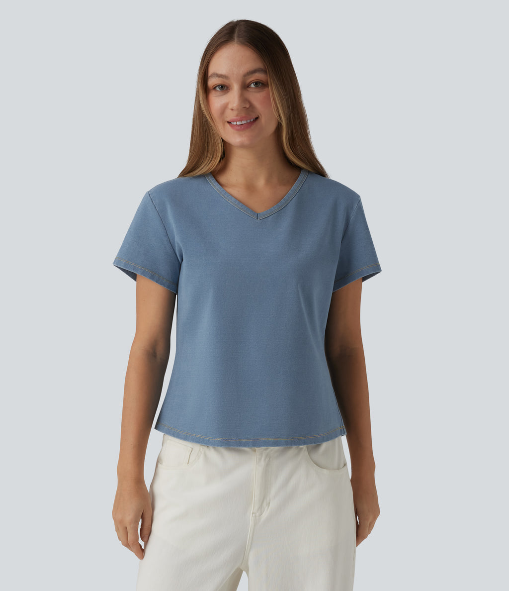 V Neck Short Sleeve Denim Casual T-Shirt — Blue Jasper Denim — view 2