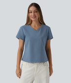 V Neck Short Sleeve Denim Casual T-Shirt — Blue Jasper Denim — view 2