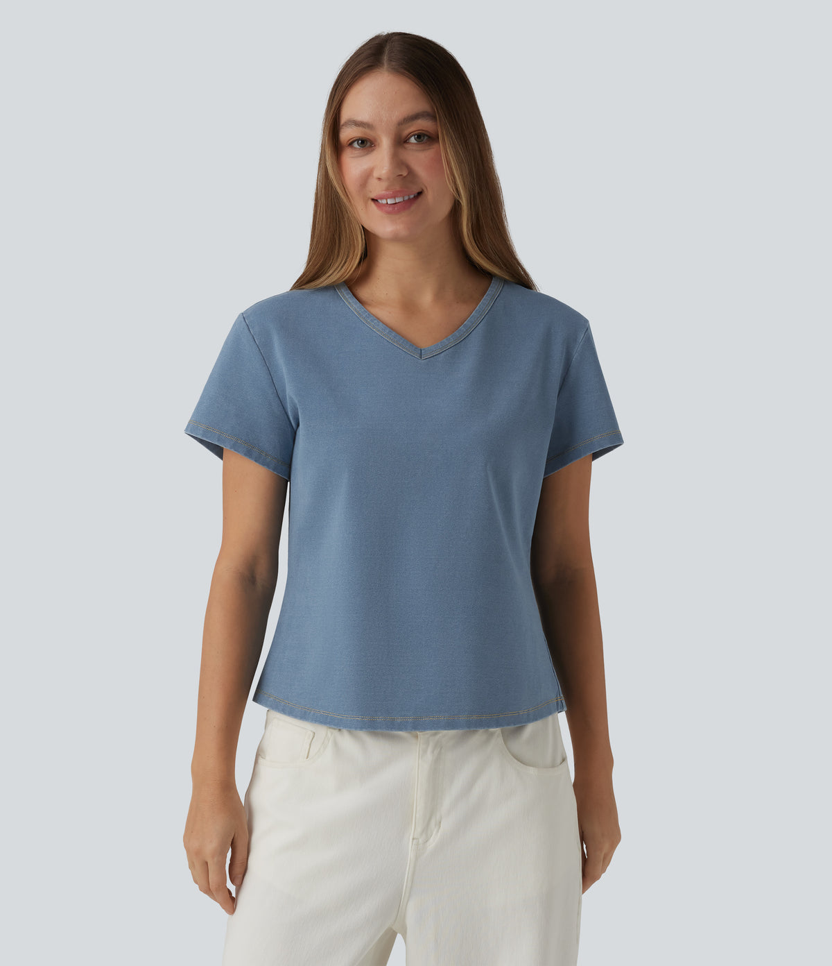 V Neck Short Sleeve Denim Casual T-Shirt — Blue Jasper Denim — view 2