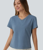 V Neck Short Sleeve Denim Casual T-Shirt — Blue Jasper Denim — view 5