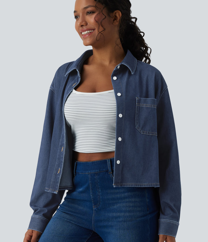 Denim Collar Long Sleeve Casual Shirt with Pocket — Pageant Blue Denim — view 8