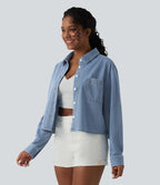 Denim Collar Long Sleeve Casual Shirt with Pocket — Malibu Blue Denim — view 4