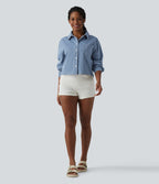 Denim Collar Long Sleeve Casual Shirt with Pocket — Malibu Blue Denim — view 7
