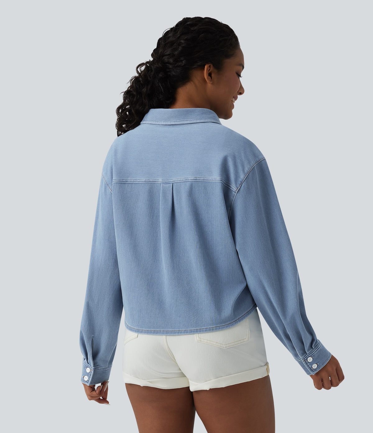 Denim Collar Long Sleeve Casual Shirt with Pocket — Malibu Blue Denim — view 2