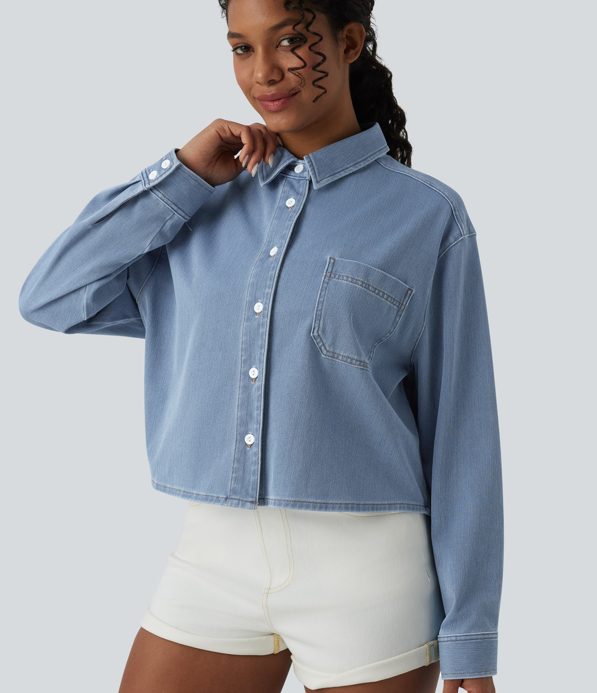 Denim Collar Long Sleeve Casual Shirt with Pocket — Malibu Blue Denim — view 5
