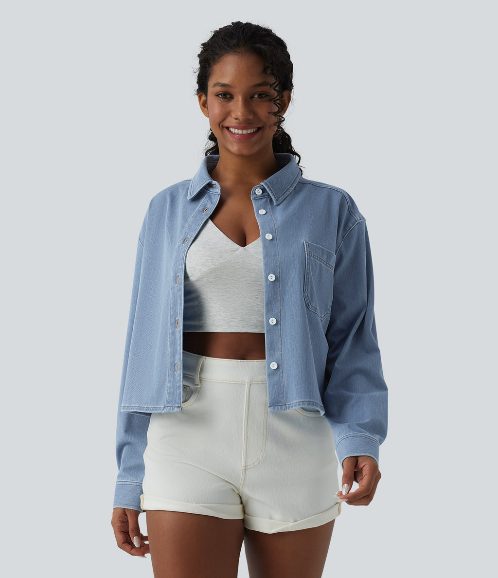 Denim Collar Long Sleeve Casual Shirt with Pocket — Malibu Blue Denim — view 3