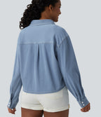 Denim Collar Long Sleeve Casual Shirt with Pocket — Malibu Blue Denim — view 6