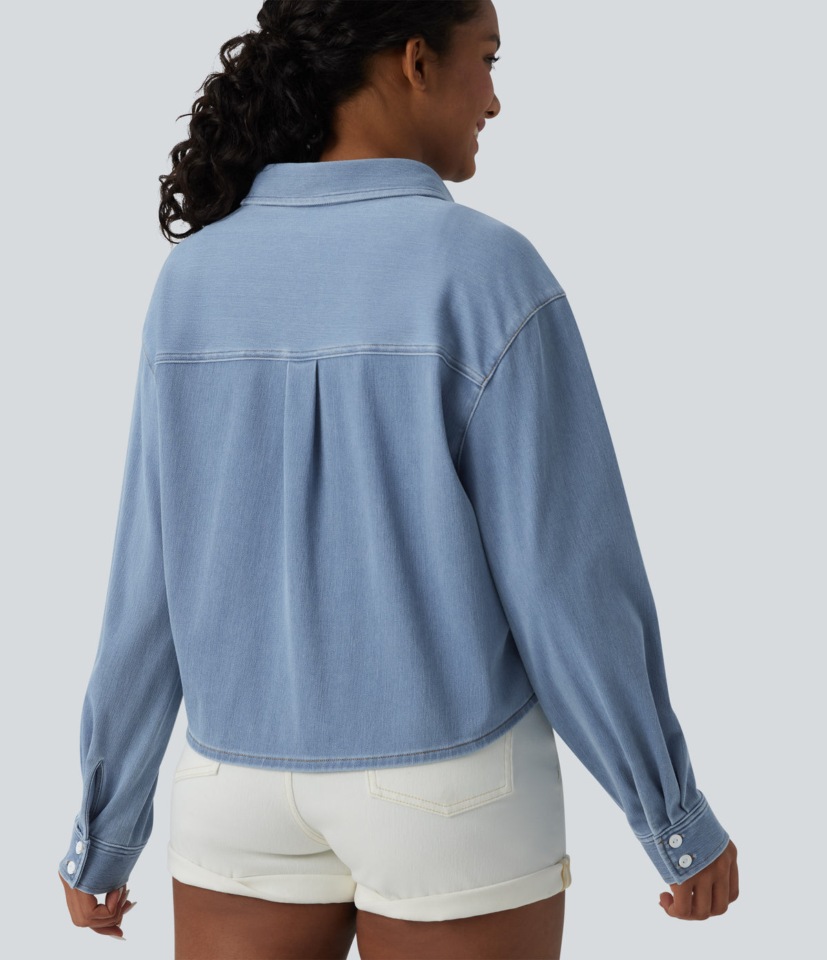 Denim Collar Long Sleeve Casual Shirt with Pocket — Malibu Blue Denim — view 6