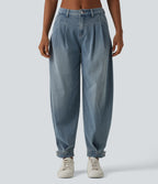 Mid Rise Denim Casual Balloon Joggers with Pockets — Blue Jasper Denim — view 3
