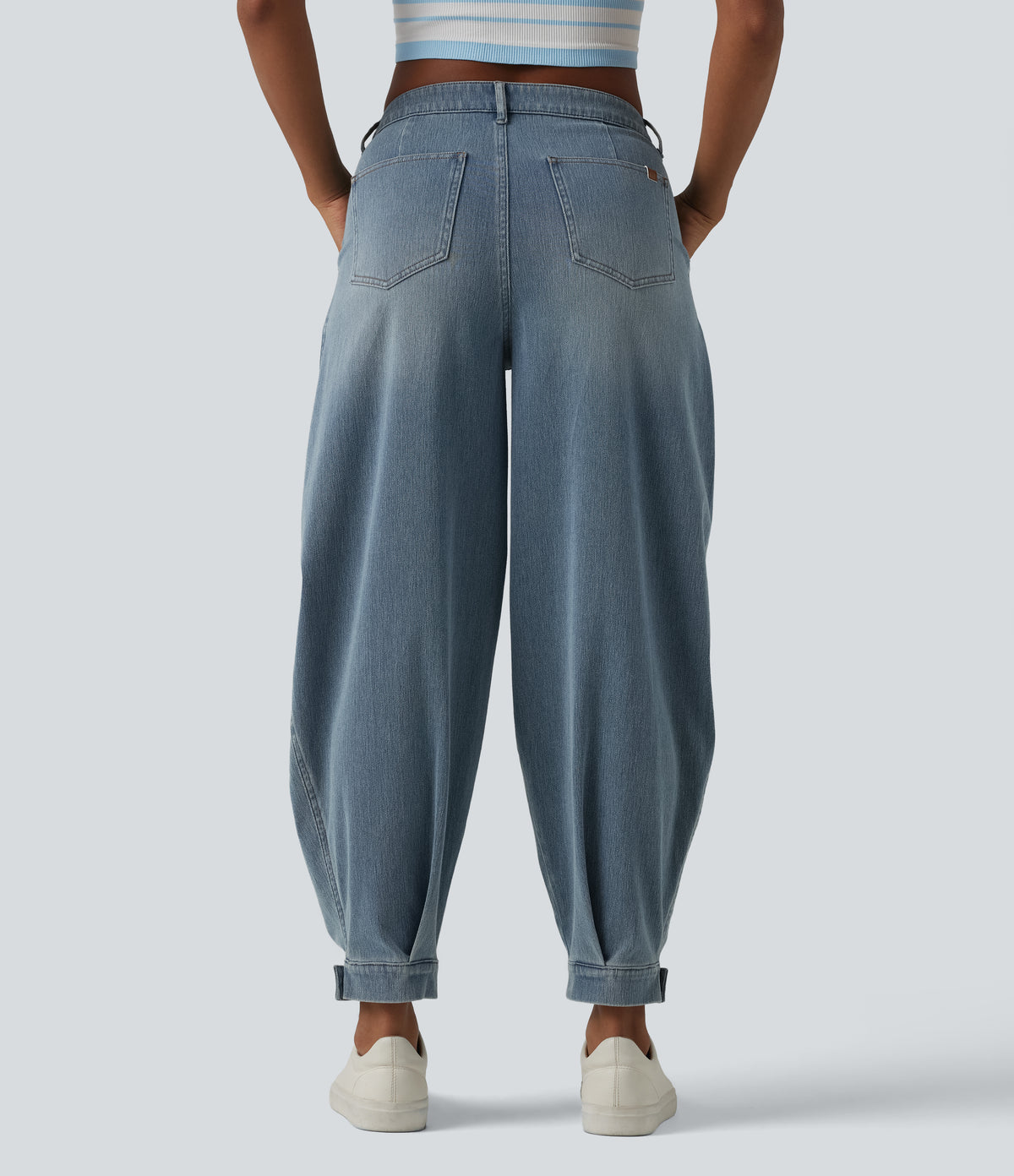 Mid Rise Denim Casual Balloon Joggers with Pockets — Blue Jasper Denim — view 2