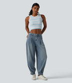 Mid Rise Denim Casual Balloon Joggers with Pockets — Blue Jasper Denim — view 8